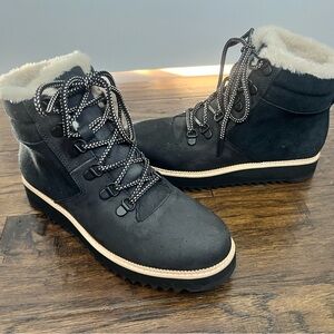 Toms Womens Mojave Lace Up Boots Black with Vegan Cream Fur